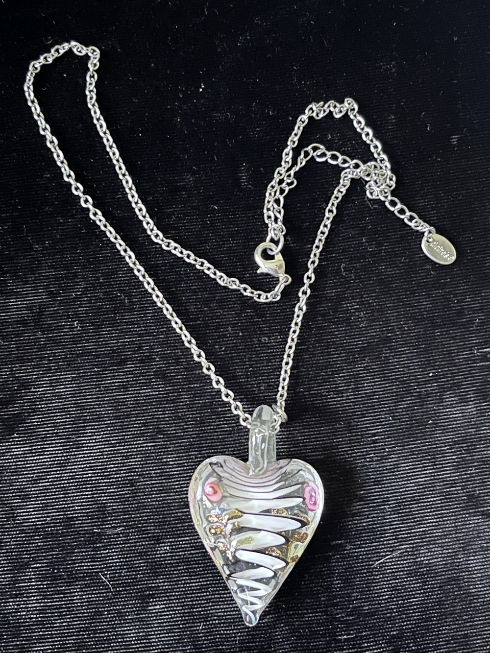 Claire's Lampwork Glass Heart Pendant Necklace Pink Flower White Swirl Y2K